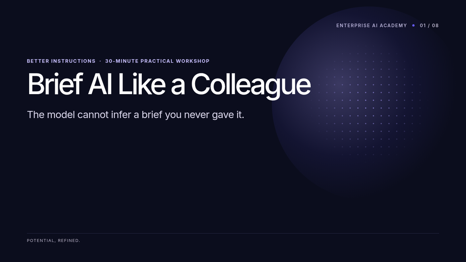 Title slide for workshop 01, Brief AI Like a Colleague, a 30-minute practical workshop on better instructions.